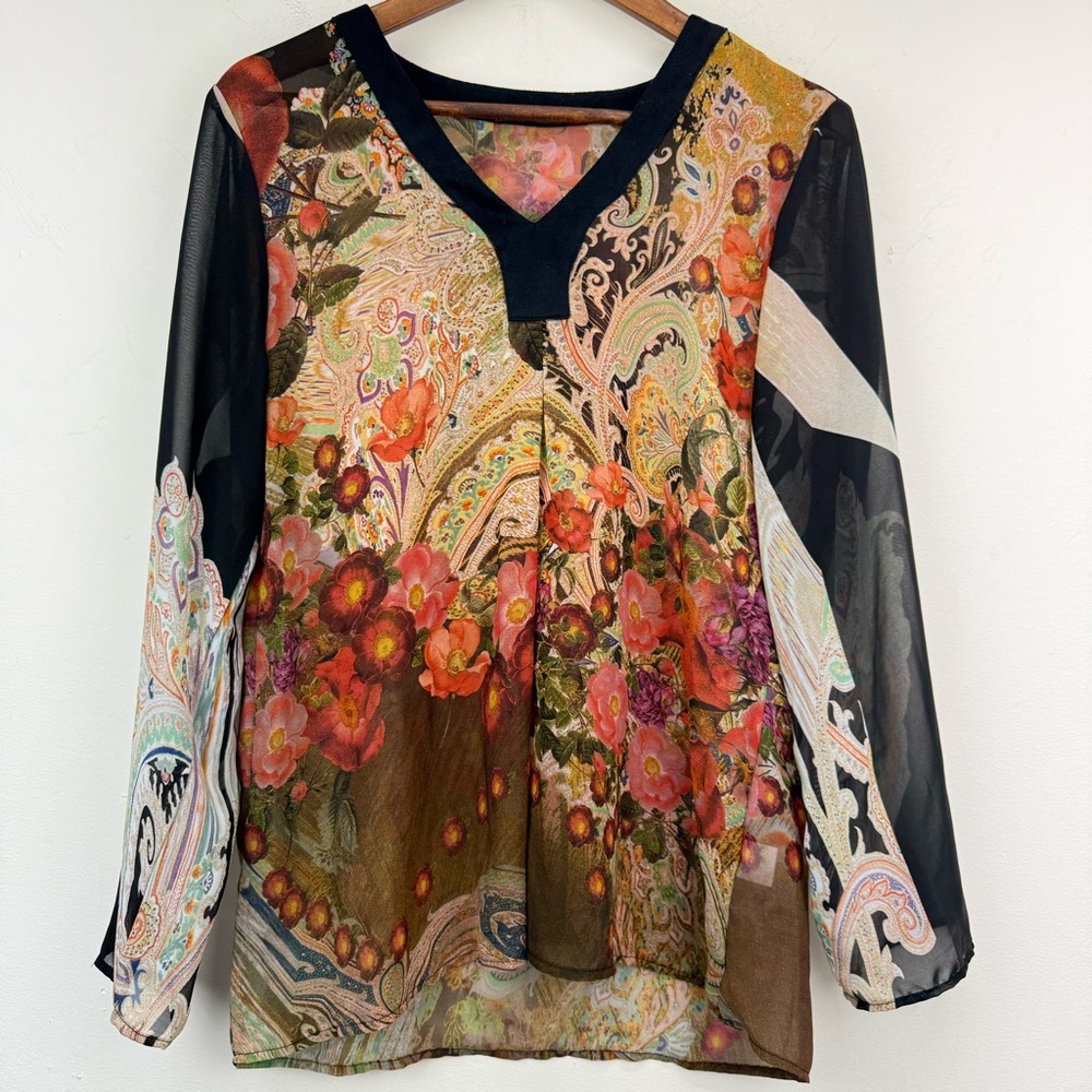 Twenty Twenty Sz Medium Women’s Multicolor Floral Paisley Semi-sheer V-neck Top
